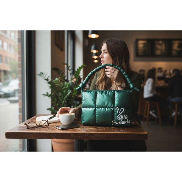 NWT - Starbucks Limited Edition Green Quilted Tote Bag With "Love Starbucks" Pri - Picture 2 of 6
